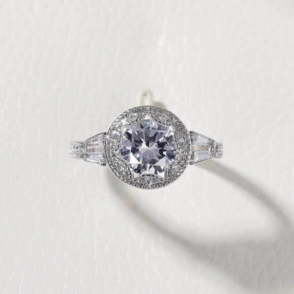 Statement CZ Flower 925 Silver Plated Vintage Wedding Ring for Women, L064